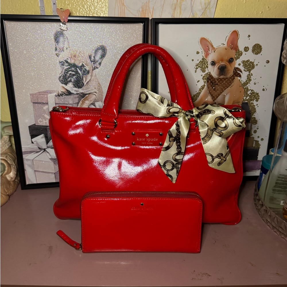 Kate Spade Red Fanfare Brette Satchel & Long Wallet | Rare Storybook Interior